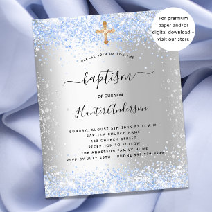 Flyer Baptismo plata azul purpurina niño invitación pres