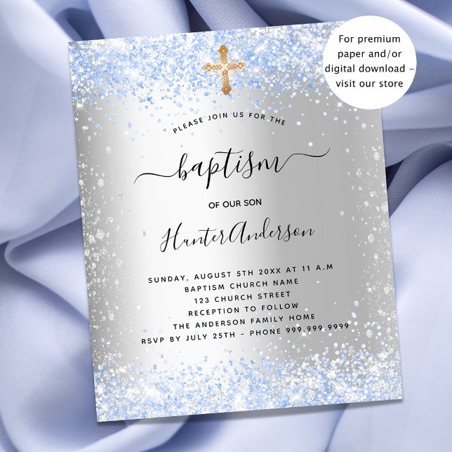 Flyer Baptismo plata azul purpurina niño invitación pres (Subido por el creador)