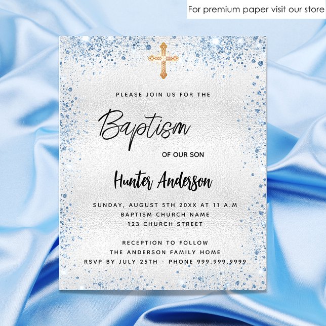 Flyer Baptismo plata purpurina azul niño invitación pres (Subido por el creador)