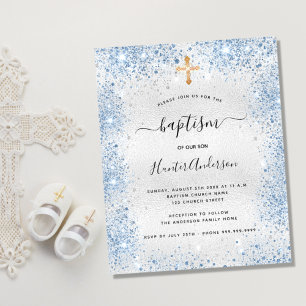 Flyer Baptismo plata purpurina azul niño invitación pres