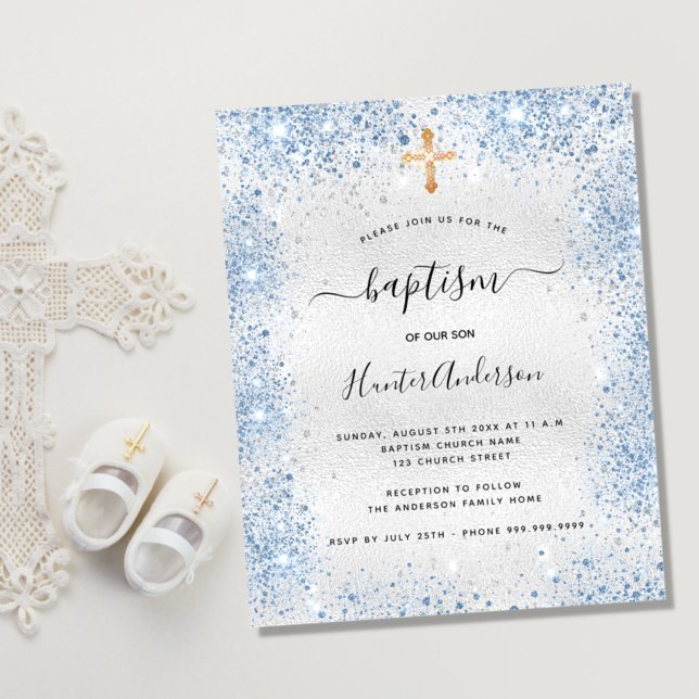 Flyer Baptismo plata purpurina azul niño invitación pres (Subido por el creador)