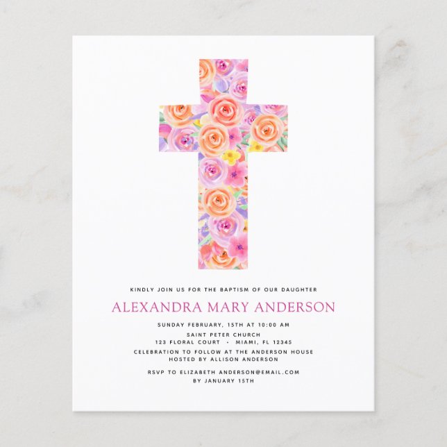 Flyer Baptismo Presupuestario Pastel Floral Cruz rosa Ro (Frente)