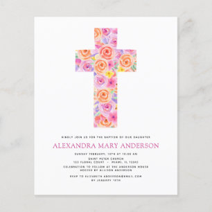 Flyer Baptismo Presupuestario Pastel Floral Cruz rosa Ro