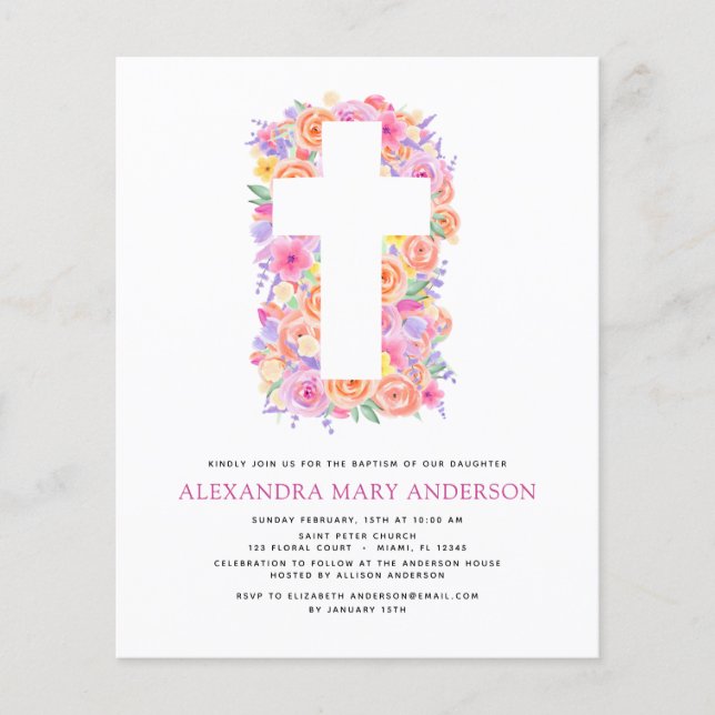Flyer Baptismo Presupuestario Pastel Floral Cruz rosa Ro (Frente)