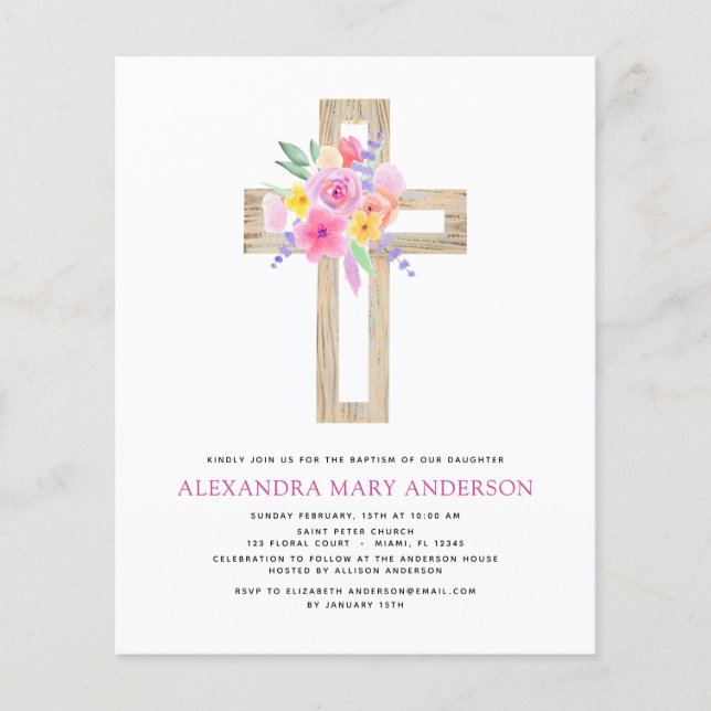 Flyer Baptismo Presupuestario Pastel Floral Cruz rosa Ro (Frente)