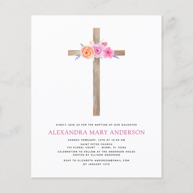 Flyer Baptismo Presupuestario Pastel Floral Cruz rosa Ro (Frente)