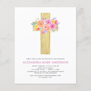 Flyer Baptismo Presupuestario Pastel Floral Cruz rosa Ro