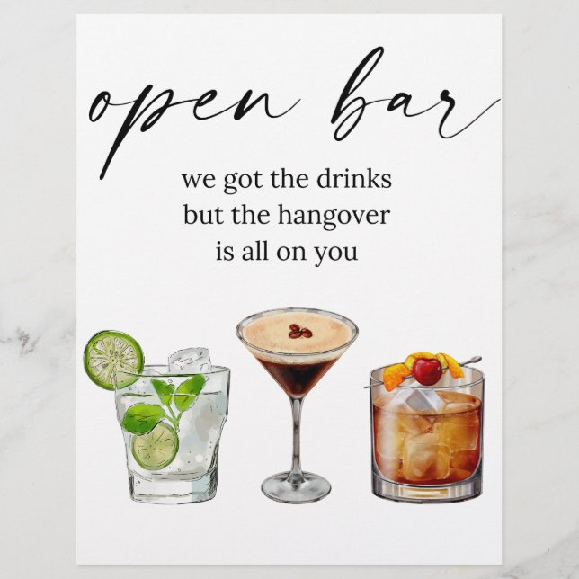 Flyer Bar abierto divertidos cócteles de acuarela boda l (Frente)