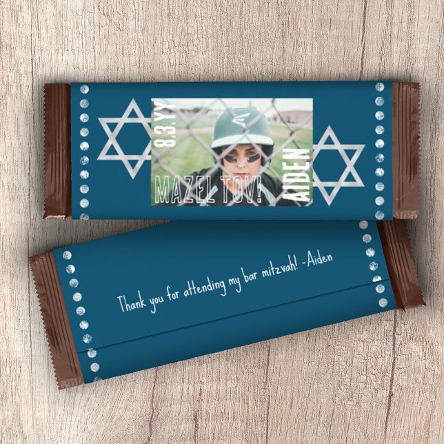 Flyer Bar azul Mitzvah Presupuesto Candy Bar Wrapper con (DIY Budget Personalized Blue Bar Mitzvah Candy Bar Wrapper with Photo, Stars of David)