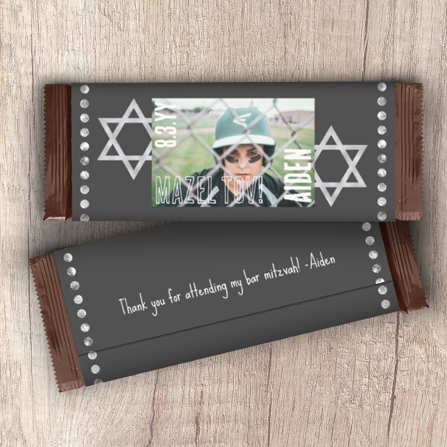 Flyer Bar gris Mitzvah Presupuesto Candy Bar Wrapper con (DIY Budget Personalized Gray Bar Mitzvah Chocolate Candy Bar Wrapper with Photo, Stars of David)