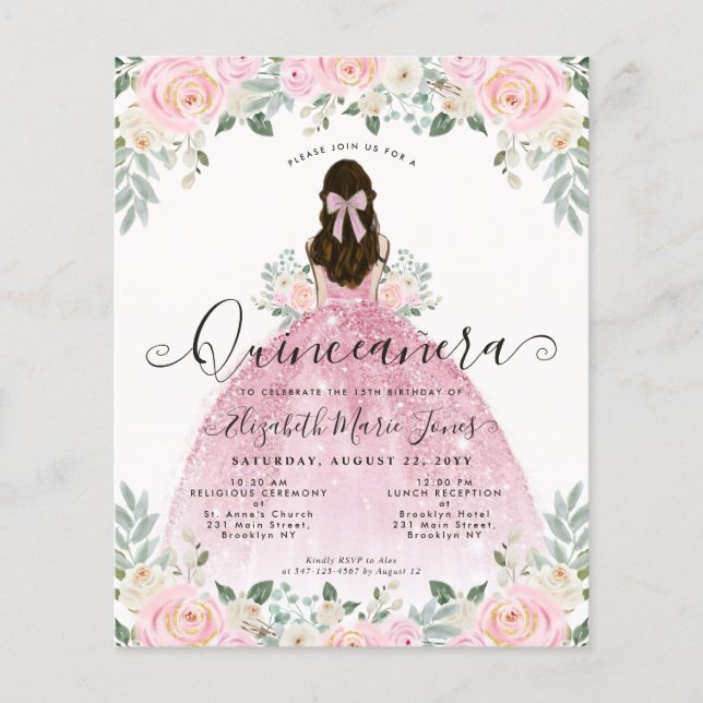 Flyer Barata floral rosa princesa tiara vestida Quincean (Frente)