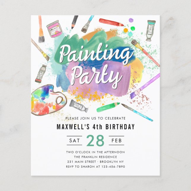 Flyer Barato acuarela Arte Pintura Fiesta Cumpleaños (Frente)