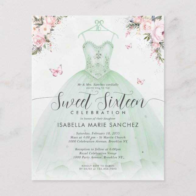 Flyer Barato de bata de floral rosa verde esmeralda bara (Frente)