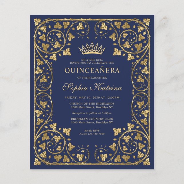 Flyer Barato de oro azul de la marina Tiara Quinceanera (Frente)
