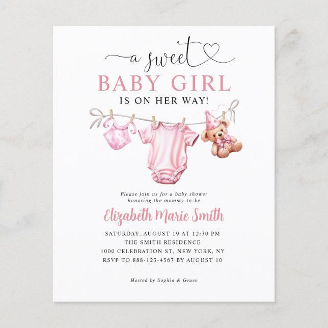 Flyer Barato dulce Chica de ropa rosada Baby Shower (Frente)