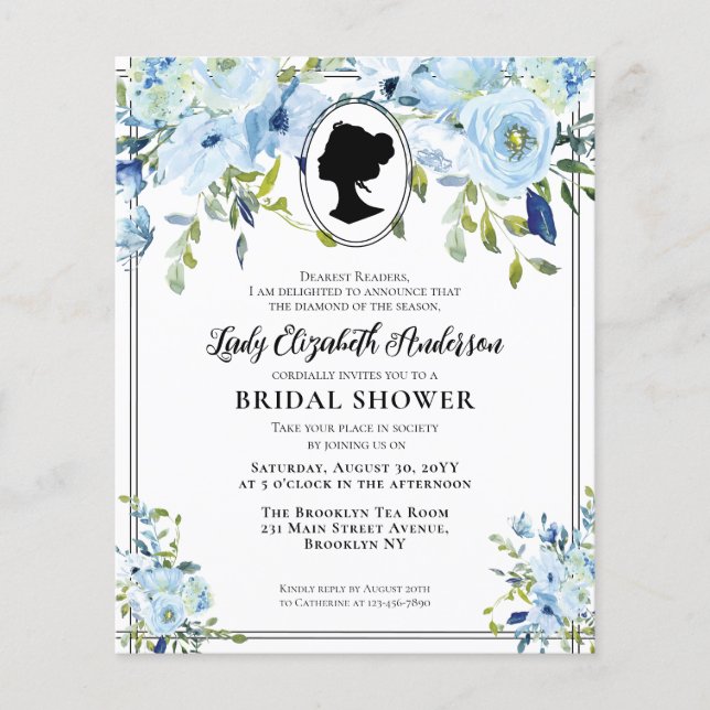 Flyer Barato Dusty Blue Florals Bridgerton Bridal Shower (Frente)