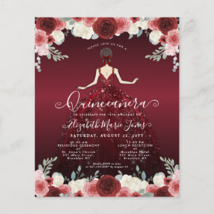 Flyer Barato Floral Borgoña Rojo Vestido Quinceanera