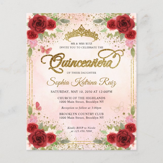 Flyer Barato Floral Borgoña Rosa Oro Tiara Quinceañera (Frente)