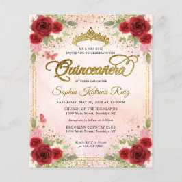 Flyer Barato Floral Borgoña Rosa Oro Tiara Quinceañera