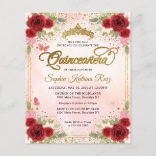 Flyer Barato Floral Borgoña Rosa Oro Tiara Quinceañera