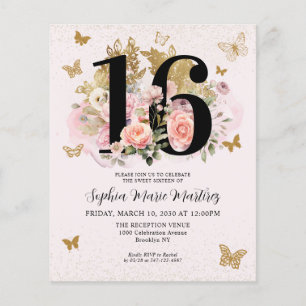 Flyer Barato Floral Rosado Dorado Mariposa dulce 16 Cump