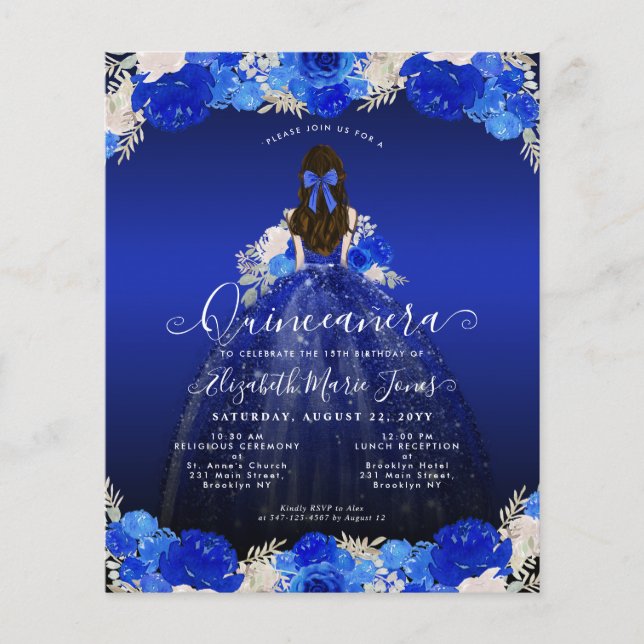 Flyer Barato Floral Royal Blue Dress Quinceanera Invite (Frente)