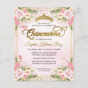 Flyer Barato Rubor Pink Gold Tiara Quinceañera