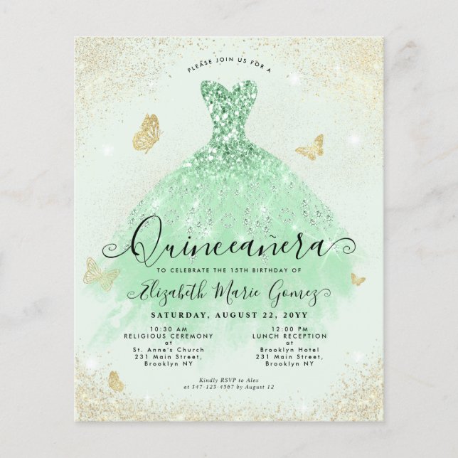 Flyer Barato Sage Green Gold Purpurina Gown Quinceanera (Frente)