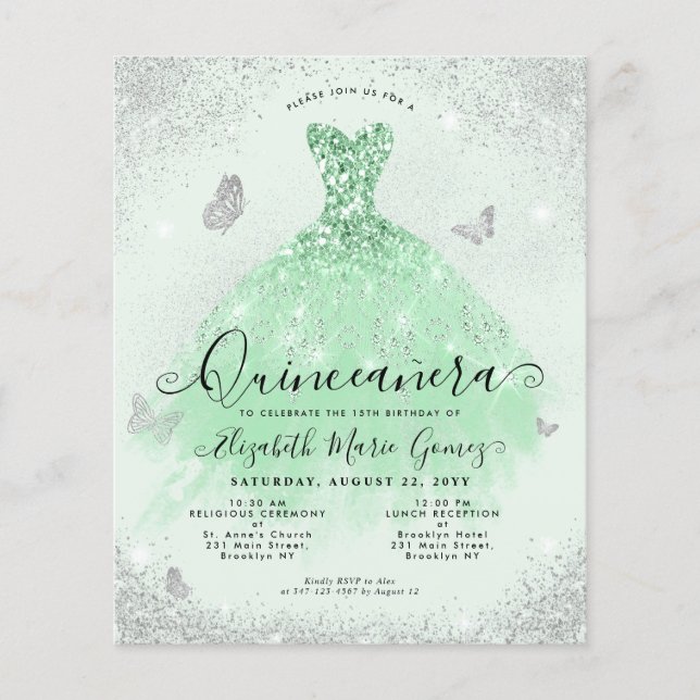 Flyer Barato Sage Green Silver Purpurina Gown Quinceaner (Frente)