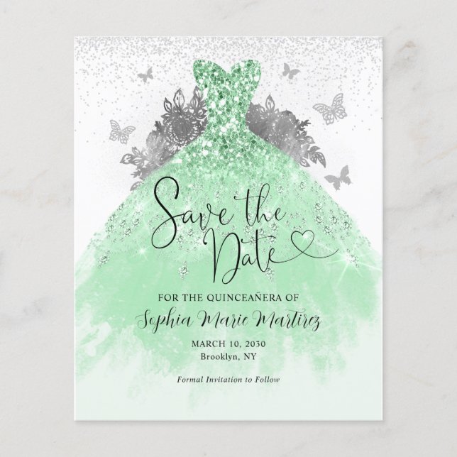 Flyer Barato vestido verde sabio Quinceañera Salva la fe (Frente)