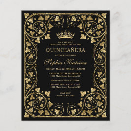 Flyer Barato Vintage Black Floral Gold Tiara Quinceanera