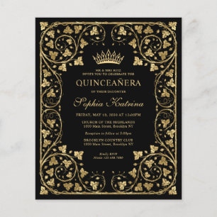 Flyer Barato Vintage Black Floral Gold Tiara Quinceanera