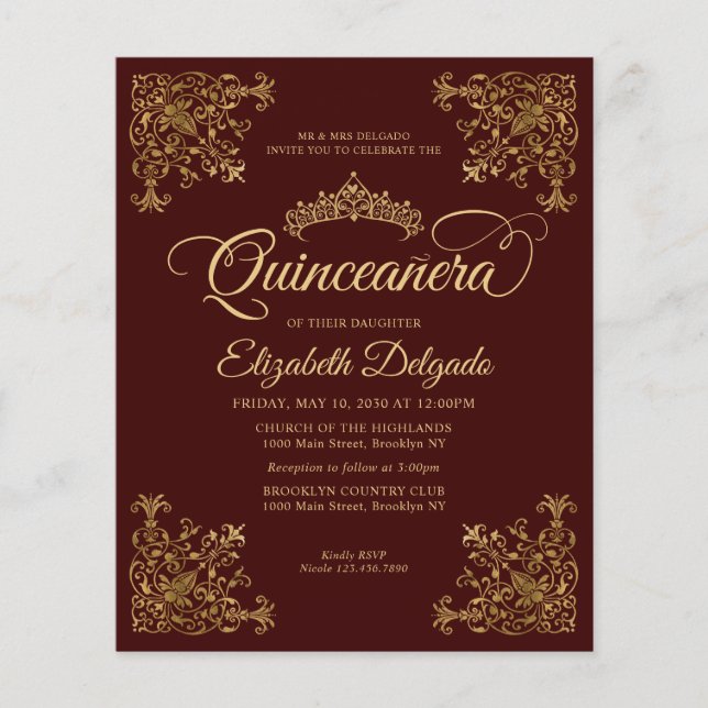 Flyer Barato Vintage Burgundy Gold Frame Quinceanera (Frente)