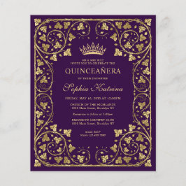 Flyer Barato Violeta Morada Floral Oro Tiara Quinceanera