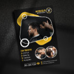 Flyer Barbershop Hair Styling Barber Shop Haircut<br><div class="desc">Atraer nuevos clientes y elevar la marca de su barbería con este llamativo diseño de volante de personalizable! Con una estética moderna con acentos amarillos llamativos e imágenes llamativas, esta plantilla es perfecta para mostrar sus servicios e información de contacto. Personaliza fácilmente con tu propio logo, texto e imágenes. Ideal...</div>