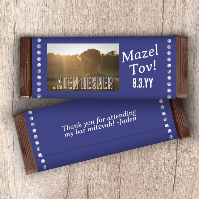 Flyer Barra azul y blanca de la marina Mitzvah Candy Bar (navy blue bar mitzvah personalized photo chocolate candy bar wrapper, custom party favor label)
