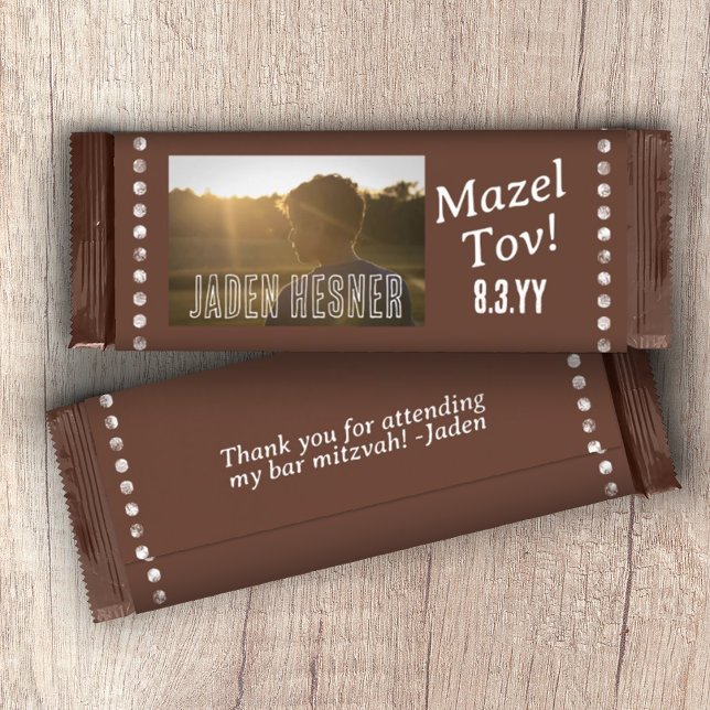 Flyer Barra marrón Mitzvah Chocolate Candy Bar Wrapper (brown bar mitzvah personalized photo chocolate candy bar wrapper budget dark brown party favor label)