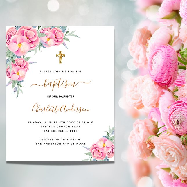 Flyer Bautismo floral rosa invitación al presupuesto de  (Subido por el creador)