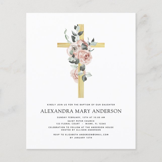 Flyer Bautizo económico verde follaje rosa polvoriento (Frente)