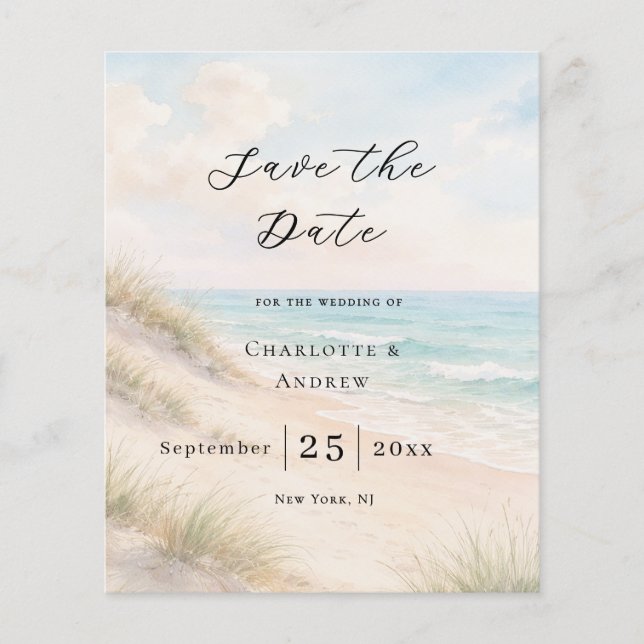 Flyer Beach coastal modern budget wedding Save the Date (Frente)