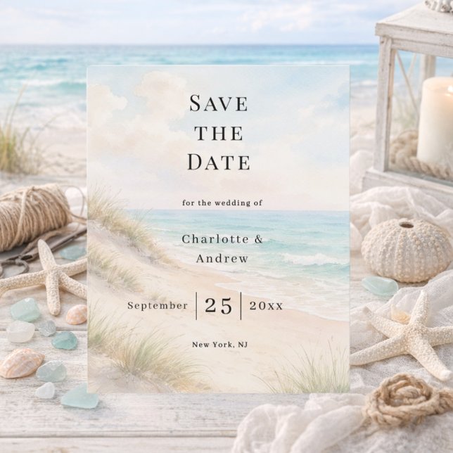 Flyer Beach coastal modern wedding budget Save the Date (Subido por el creador)