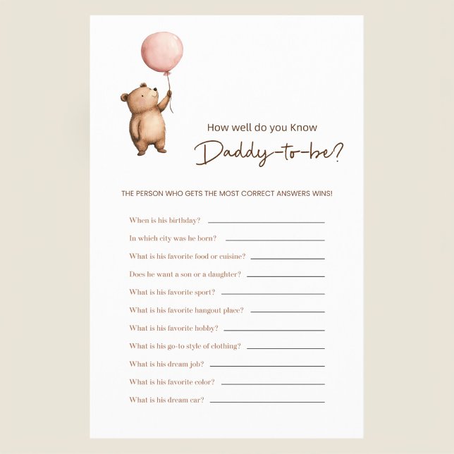 Flyer Bear Balloon Daddy Trivia Baby Shower Game (Subido por el creador)