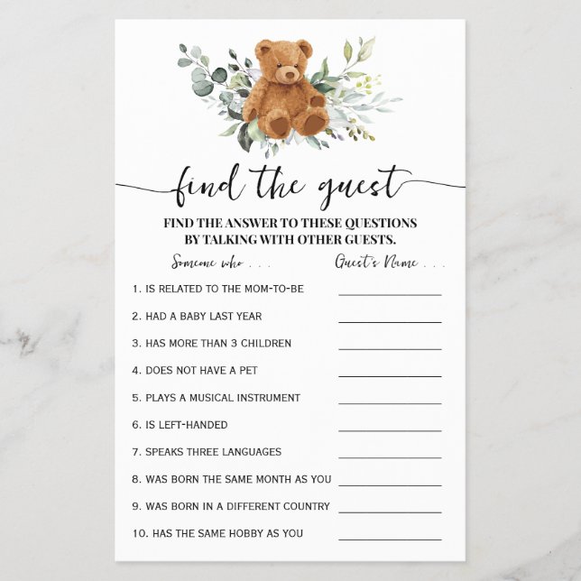 Flyer Bear Greenery Find the Guest Baby Shower Game Card (Frente)