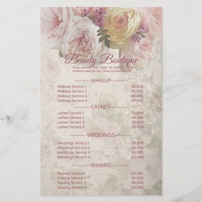 Flyer Beauty Boutique Cream Flower Price List (Frente)