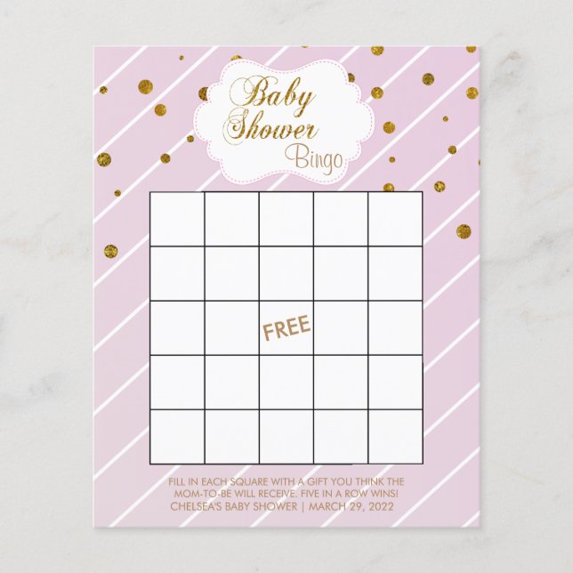 Flyer Bebé dulce Rosa y Baby Shower dorado - Bingo (Frente)
