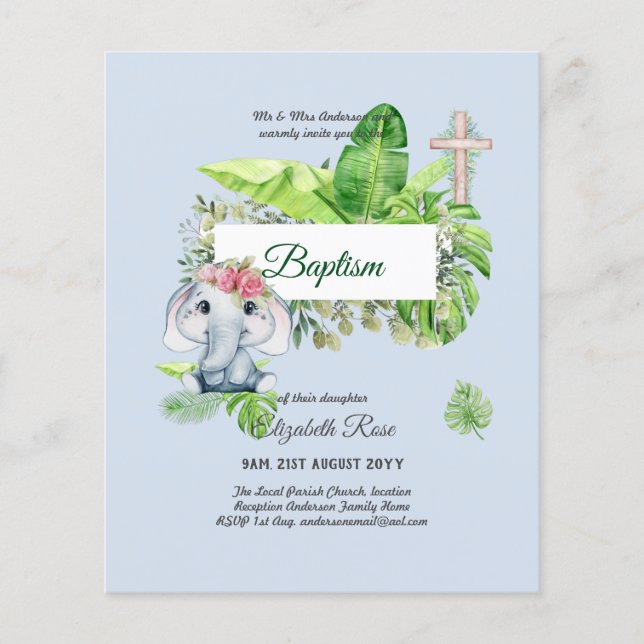 Flyer Bebé elefante BAPTISM Bautizo Bautismo Invtismo (Frente)