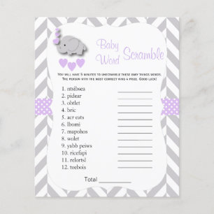 Flyer Bebé Elefante Morado y Gris - Shower Scramble
