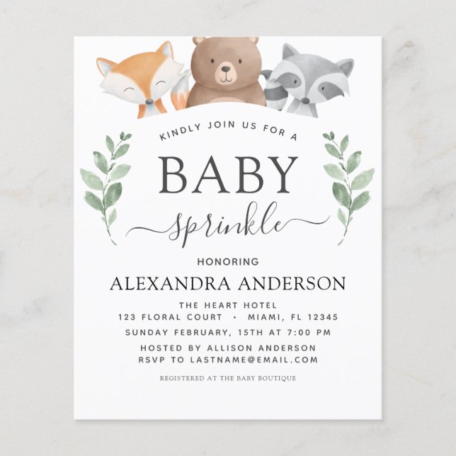 Flyer Bebé Presupuestado Sprinkle Shower Woodland Eucaly (Frente)