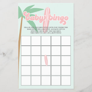 Flyer Bebé rosado a bordo Surfing Baby Shower Bingo Flye