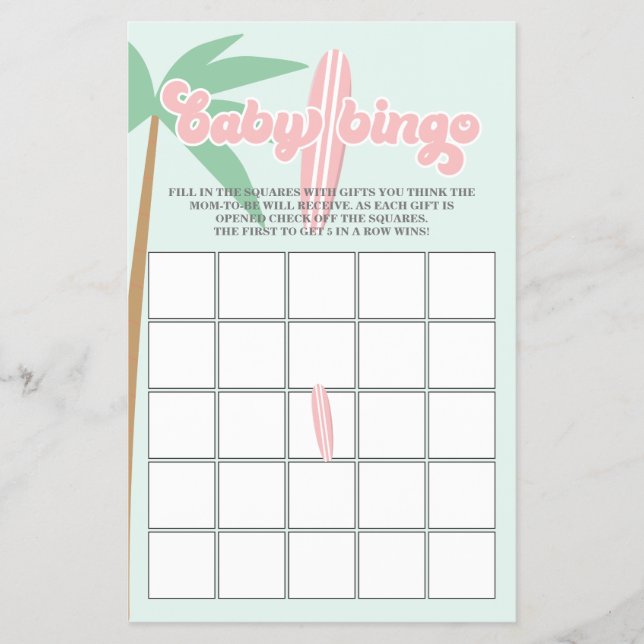 Flyer Bebé rosado a bordo Surfing Baby Shower Bingo Flye (Frente)